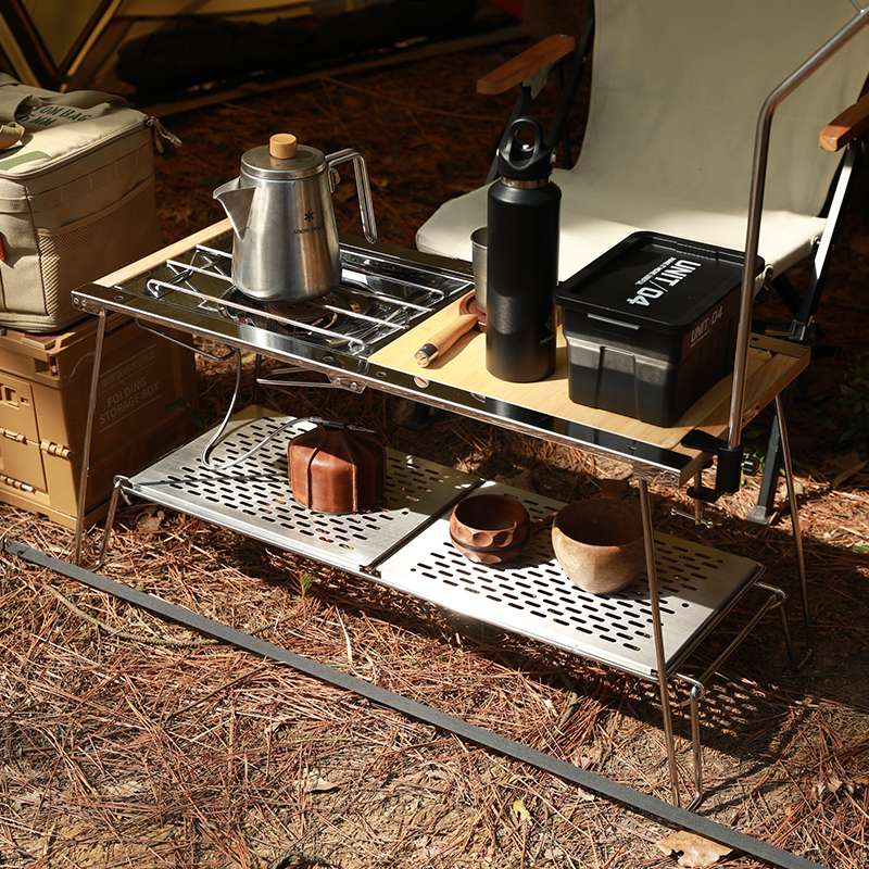 アウトドアキッチンテーブル 折り畳み式多段メッシュラック