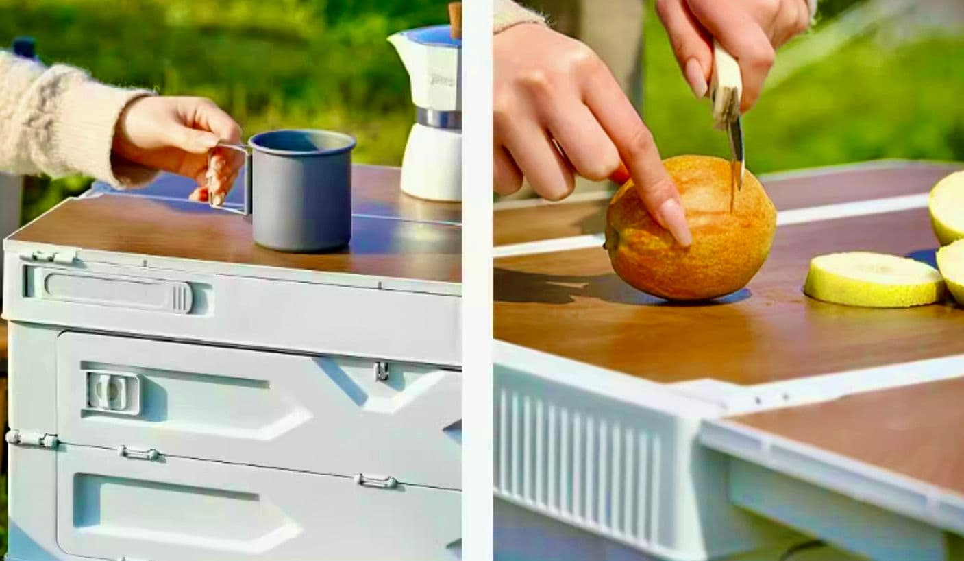 折りたたみ式 収納棚付きアウトドアキッチンテーブル