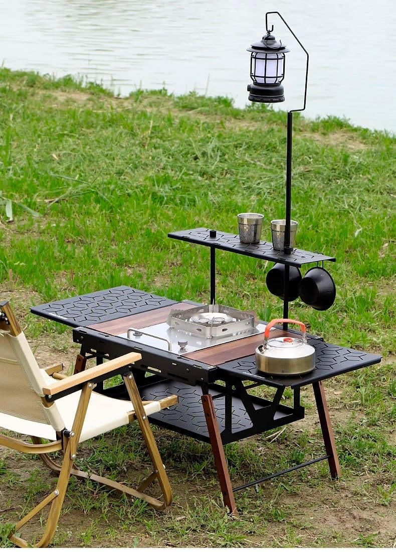 アウトドアソロテーブル 折り畳み式アウトドアサイド棚付きテーブル