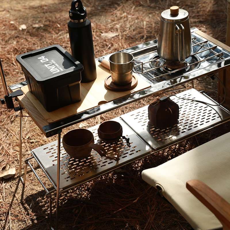 アウトドアキッチンテーブル 折り畳み式多段メッシュラック